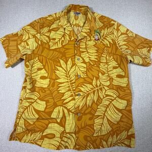 Edwards Mens Large Yellow Hawaiian Print Short Sleeve Button Front Logo Shirt